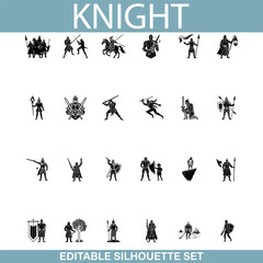 Editable Knight Silhouettes Medieval Warrior Icons, Battle Set