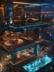 Fototapeta premium Illustration of A luxurious penthouse with cutting-edge design, partially engulfed in a digital storm, blending opulence with technological chaos. Ai Generate. 