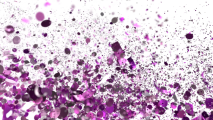 Floating purple glitter confetti explosion on white background. Ideal for celebratory designs.