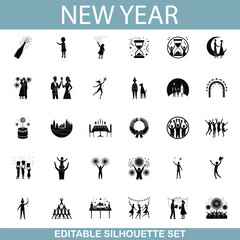 Naklejka premium New Years Eve Party Silhouettes Celebration, Festive Icons Set