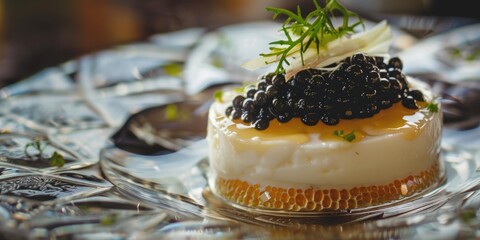 Upscale dessert of cake and pearl onions topped with caviar, garnished on a glass plate. Served at formal events or special occasions.