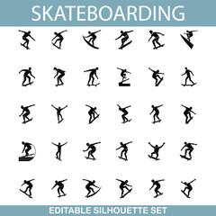 Skateboarding Silhouettes Editable Vector Set of Tricks and Styles
