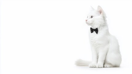 Elegant white kitten wearing a black bow tie, sitting on white background.