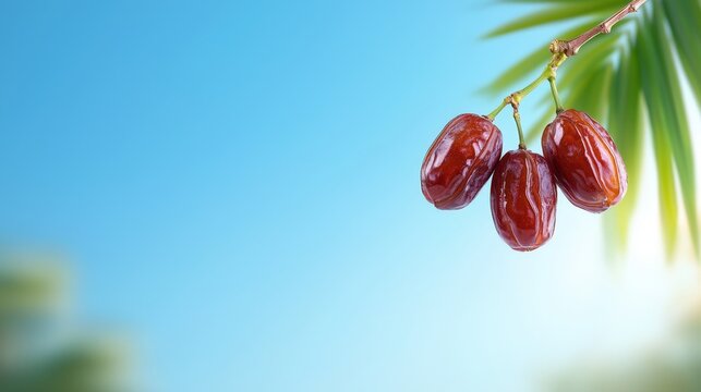 Close up image of fresh red dates and date palm fruit on a natural background