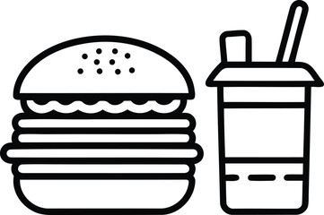 Burger and a drink line art vector, burger and a drink silhouette vector illustration, burger and a drink isolated icon design