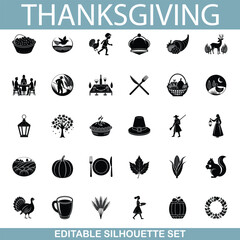 Thanksgiving Icons Silhouette Set of Autumn Harvest Symbols