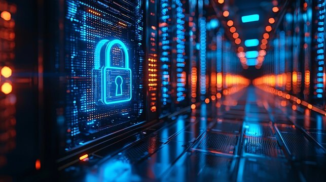 futuristic cybersecurity concept with digital lock in data center
