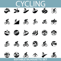 Cycling Silhouette Icons Road, Mountain, Bridge, Tunnel, Editable Set