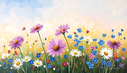 Colorful wildflower meadow, watercolor style: blue cornflowers, white daisies, pink and yellow blooms, soft pastel background, dreamy, light, airy vibe