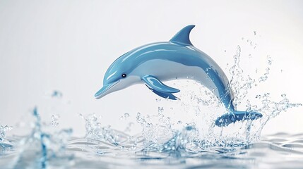 Obraz premium A playful blue dolphin leaps out of the water, creating a splash of droplets in a bright, serene setting.