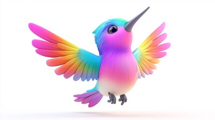 Obraz premium A vibrant, cartoon-style hummingbird with multi-colored feathers in shades of pink, blue, and yellow, mid-flight against a white background.