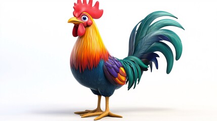 Fototapeta premium A vibrant, cartoonish rooster with multicolored feathers, showcasing a playful and cheerful character.
