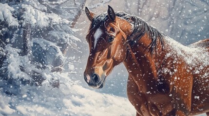 Obraz premium Chestnut horse in snowy forest, winter scene