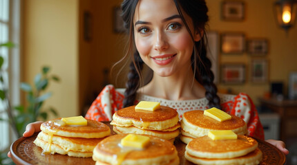 Russian Maslenitsa celebration with a woman in folk costume holding oiled pancakes.