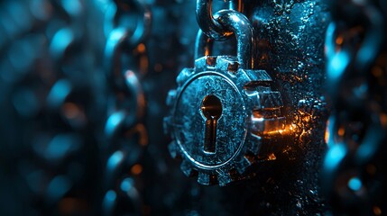 secure lock with gears illuminated in blue light for cybersecurity themes