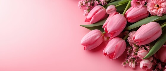 Beautiful pink tulips and flowers arrangement floral display pink background aesthetic close-up focused view
