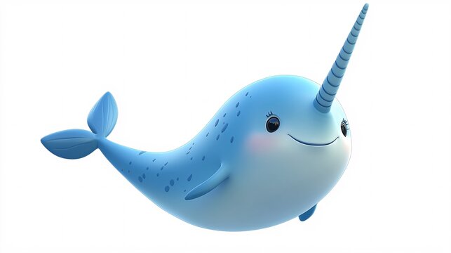 A cute, cartoon-style blue narwhal with a whimsical smile and a long spiral tusk, swimming happily in a turquoise sea.