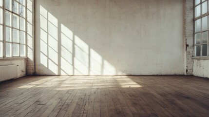 Sunlight streaming through large windows in an empty room with wooden floors, creating shadows