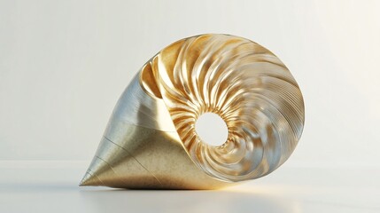Obraz premium A stunning golden spiral shell sculpture, showcasing intricate textures and a sleek, modern design.