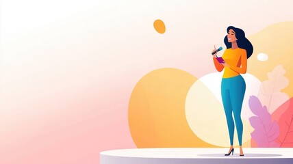Confident woman speaker on stage embracing public speaking and communication skills in a creative modern style,International Women's Day