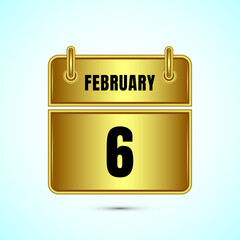 February 6 calendar and time planner on gold background. Daily calendar icon, schedule symbol