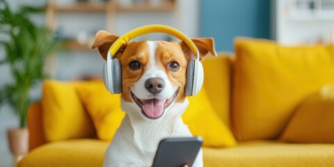Petfluencer concept. A joyful dog wearing headphones listens to music while holding a smartphone, surrounded by a cozy, colorful living room.