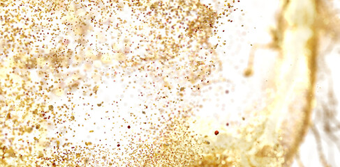 Abstract gold glitter particles burst. Festive backdrop for celebrations, luxury, and glamour designs.
