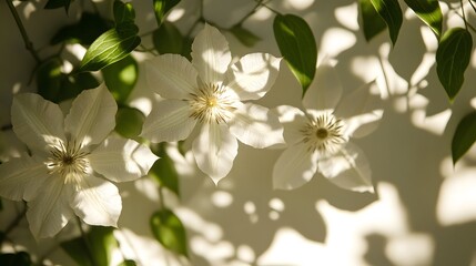 Obraz premium Delicate White Flowers Casting Shadows on Soft Background Surface