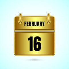 February 16 calendar and time planner on gold background. Daily calendar icon, schedule symbol