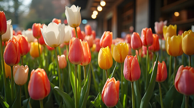 Close-up of colorful tulips in full bloom, bathed in warm sunlight with a charming outdoor market in the background. A cheerful and vibrant celebration of spring - Powered by Adobe