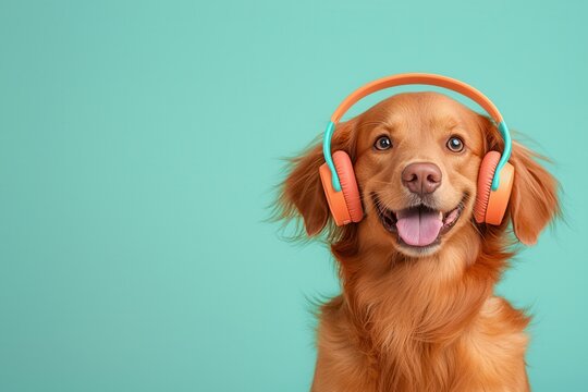 Petfluencer concept. A cheerful golden retriever wears bright orange headphones against a mint green background, exuding a fun and playful vibe.