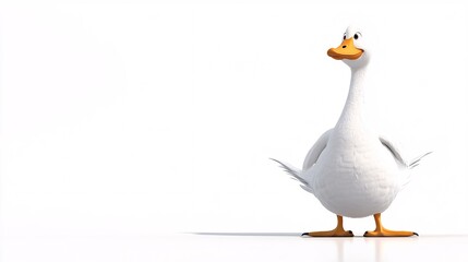 Fototapeta premium A cheerful animated white duck standing confidently with a playful expression against a minimalist white background.