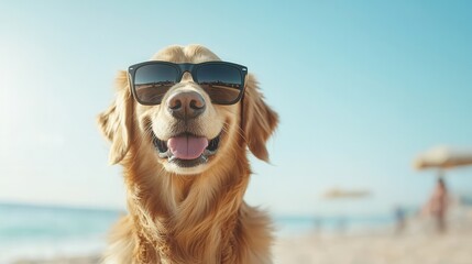 Petfluencer concept. A happy golden retriever wearing sunglasses at the beach, enjoying a sunny day by the ocean.