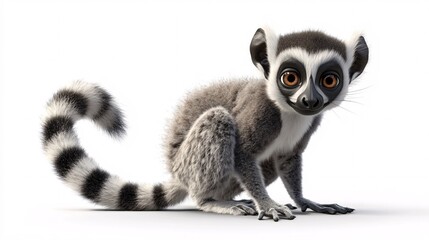 A cute, animated lemur with large eyes and a fluffy tail, posed against a white background.