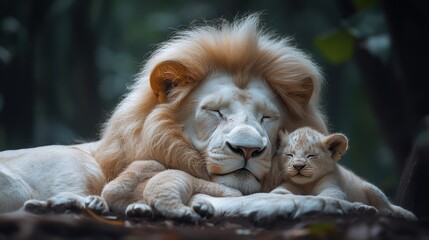 White lion cub resting peacefully with father in jungle habitat