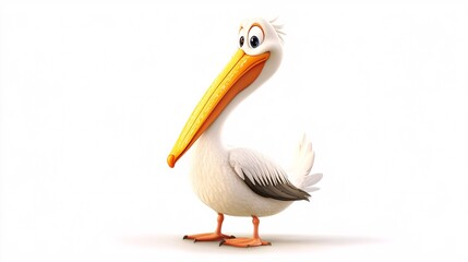 A cheerful cartoon pelican with a large orange bill, standing confidently against a clean white background.