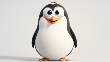 Fototapeta premium A cheerful cartoon penguin with big expressive eyes, standing upright against a clean, white background.
