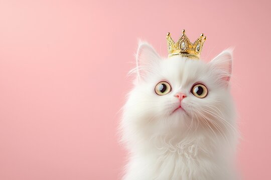Petfluencer concept. A fluffy white cat wearing a golden crown poses adorably against a soft pink background, exuding a regal charm. - Powered by Adobe
