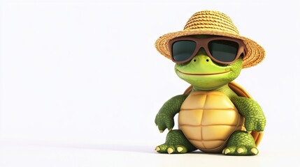 Obraz premium A playful turtle wearing a straw hat and sunglasses, exuding a fun summer vibe.