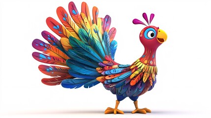 Fototapeta premium A vibrant, colorful cartoon peacock with an engaging smile, showcasing its beautifully detailed feathers.