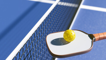 A yellow ball on a pickleball racket near the net. 3d rendering