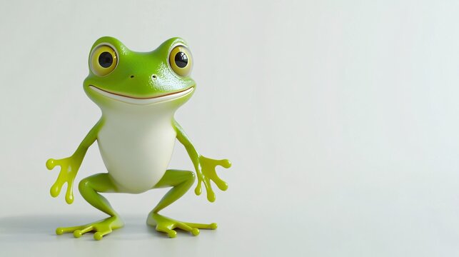 A cheerful cartoon-style green frog with large eyes and a friendly smile, set against a light background.