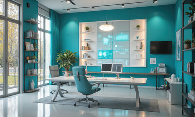AI-powered home office in bright turquoise, featuring smart desks that automatically adjust based on work preferences, and interactive wall panels