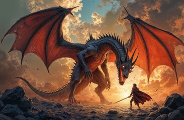  Epic Dragon Battle Against Lone Warrior at Sunset