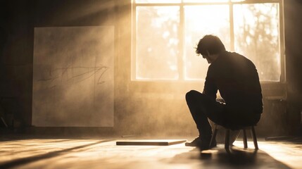Contemplative artist sitting in a sunlit room, reflecting on his work amidst dust particles