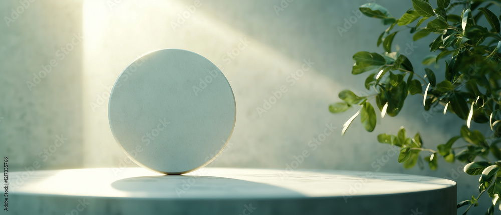 Poster round object on table with sunlight and greenery