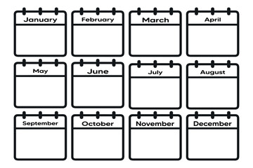 Calendar template, minimalist design, monthly layout, black and white, clean lines, simple icons, organizational tool, planner pages, year at a glance, bullet journal style on white background