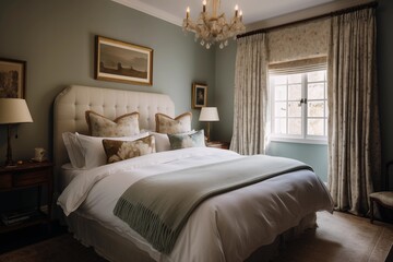 Elegant bedroom with a tufted headboard, soft bedding, chandelier lighting, and classic decor creating a serene ambiance
