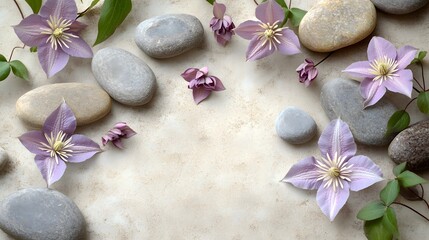 Tranquil Arrangement of Purple Flowers with Natural Stone Background