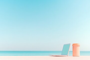 Fototapeta premium digital nomad working on laptop by beach with peaceful ocean view in background capturing essence of carefree lifestyle